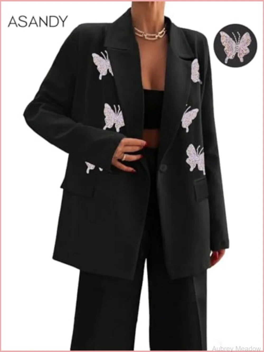 Notched Collar Butterfly Appliques Office Blazer 3/4 Sleeve Business Casual